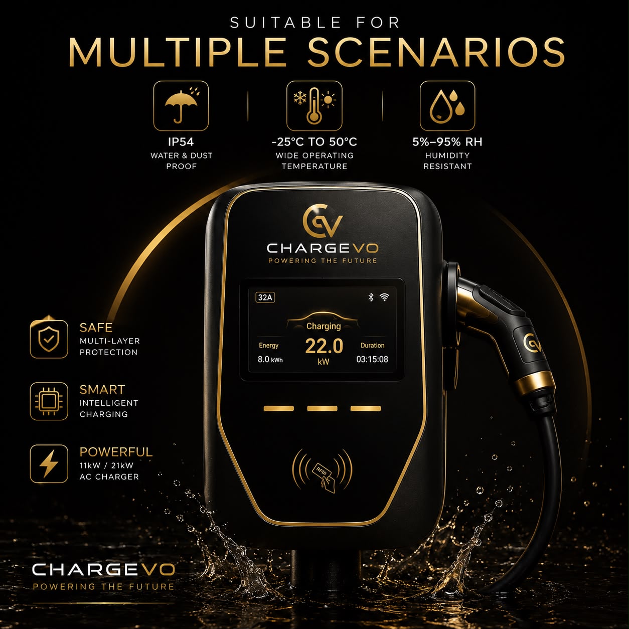 ChargeVO smart EV charging station with gold accents